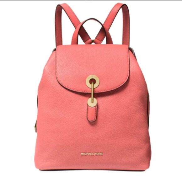 NWT Michael Kors RAVEN LEATHER BACKPACK Pink Grapefruit Peach Purse Spring - Picture 1 of 13